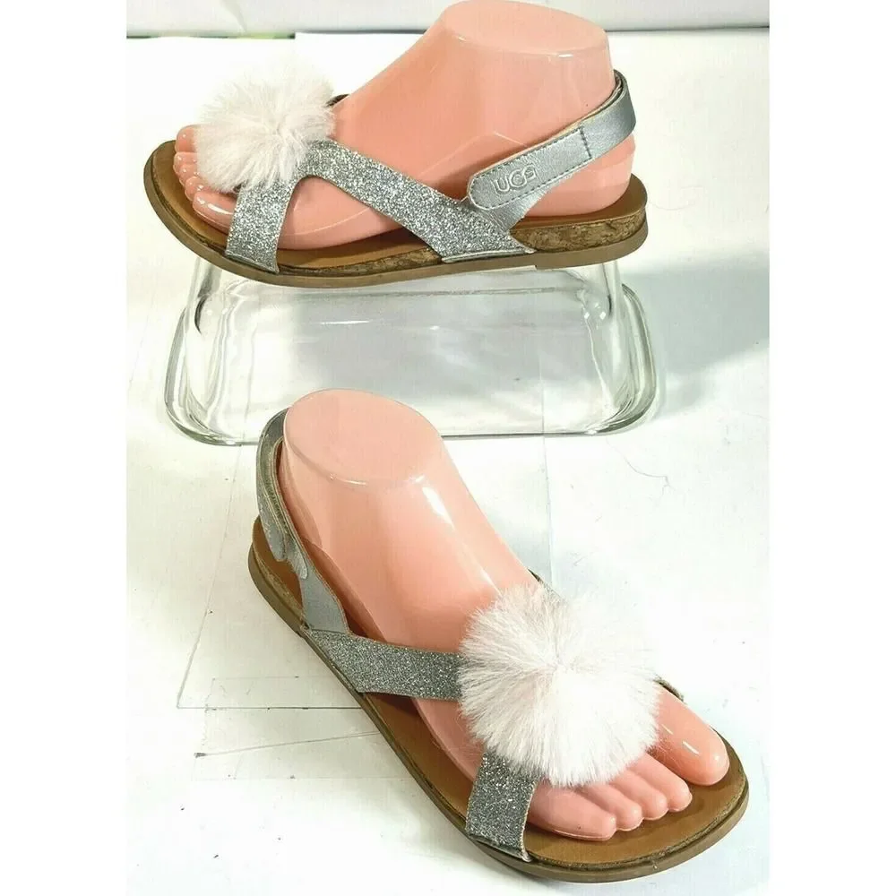 UGG Girls Pink Faux Fur Pom Pom Sandals Size 5 Fonda‎ Glitter Pink Silver